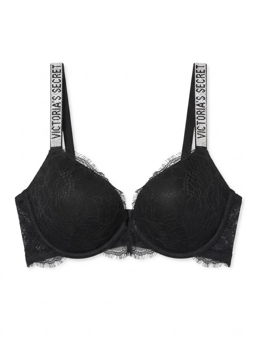 NWT Victoria's Secret Very Sexy Push-Up Lace Bra Black Rhinestone Bling Strap 34
